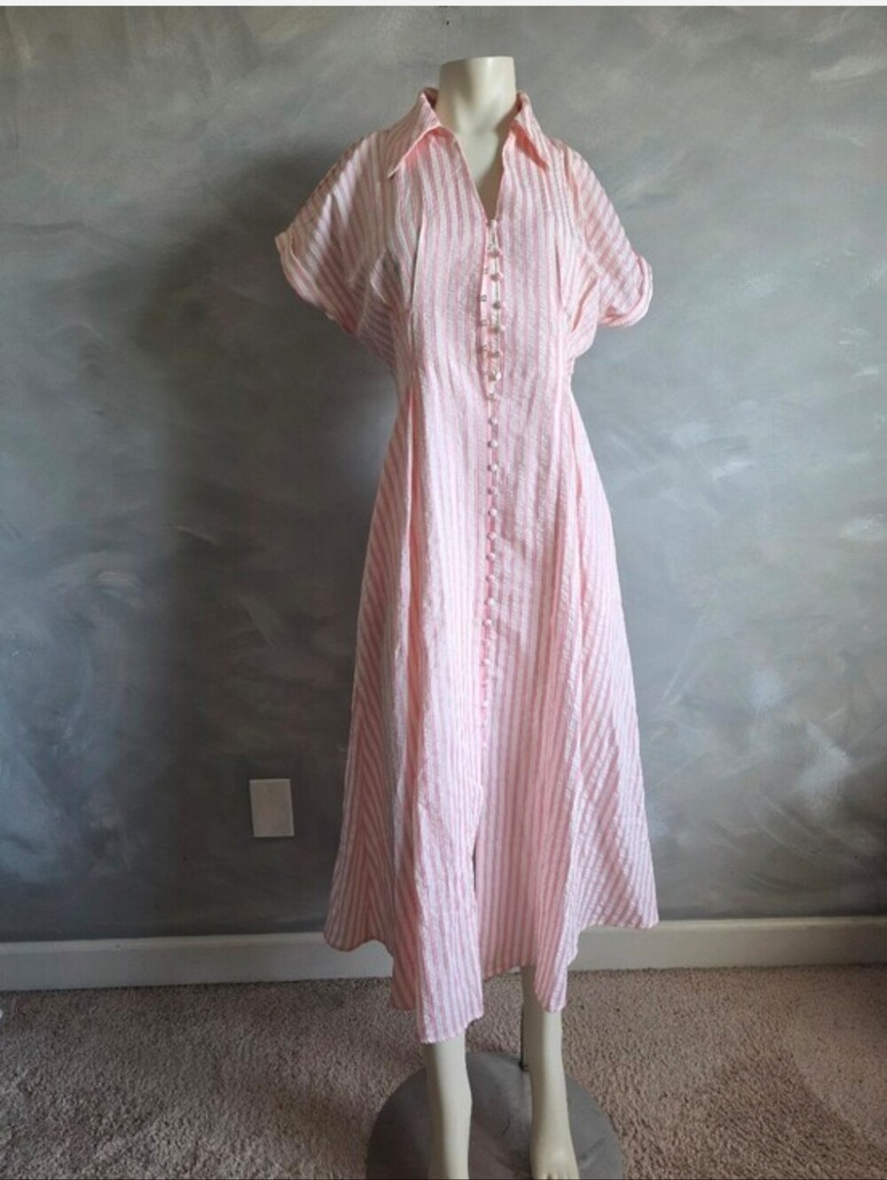 English Factory Seersucker Striped Midi Dress Pink White NWOT Sz S Cotton Blend